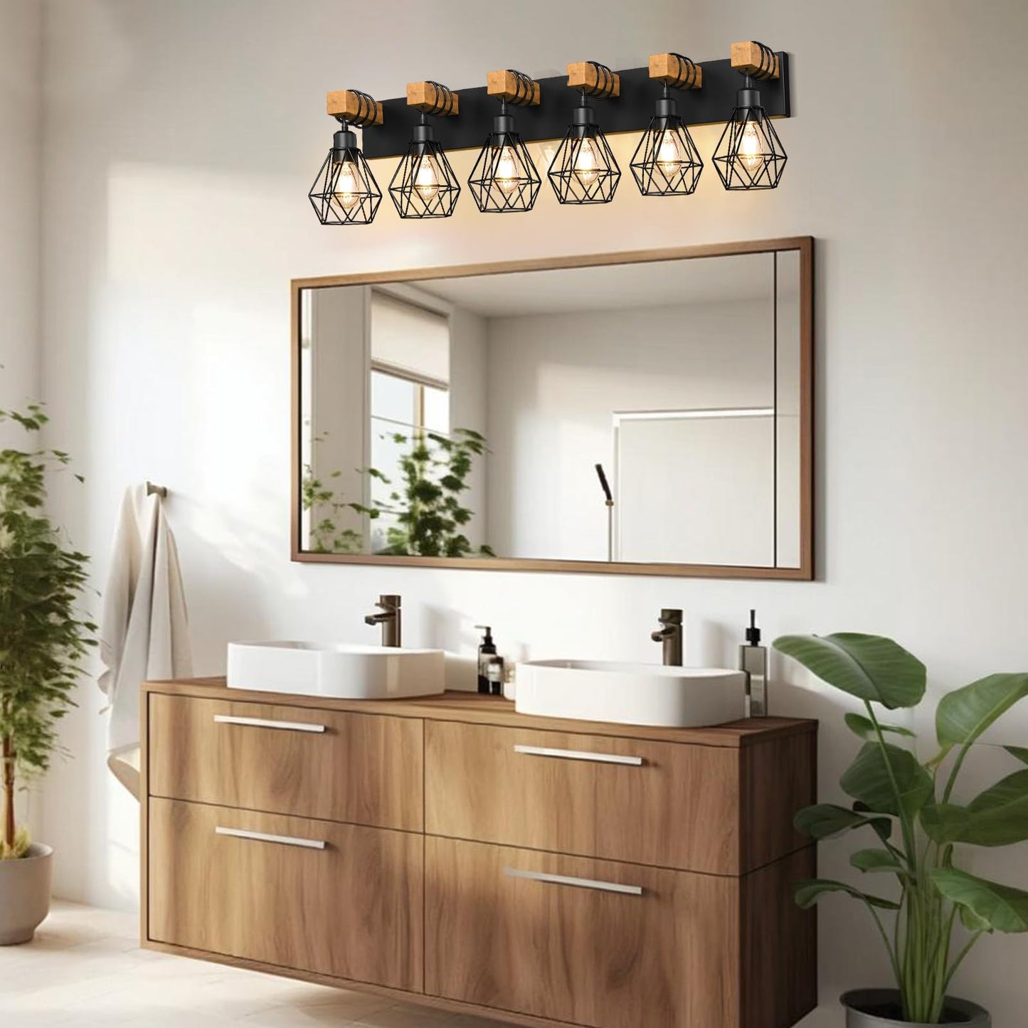 Izorro Farmhouse Bathroom Vanity Light Fixtures 6-Light Wood Bathroom Lighting Fixtures Over Mirror Black Rustic Industrial Sconces Wall Lights With Metal Lampshade For Living Room Bedroom