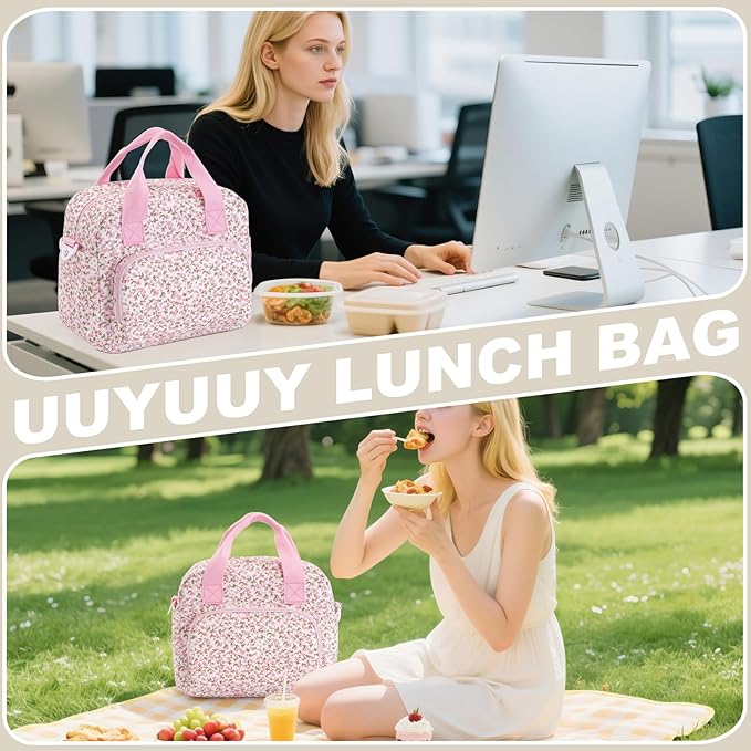 Large Lunch Bag for Women Insulated Lunch Box Reusable Cooler Bag Portable Cute Corduroy Leakproof Tote Bags for Travel, Work, and Picnic, Pink Flower