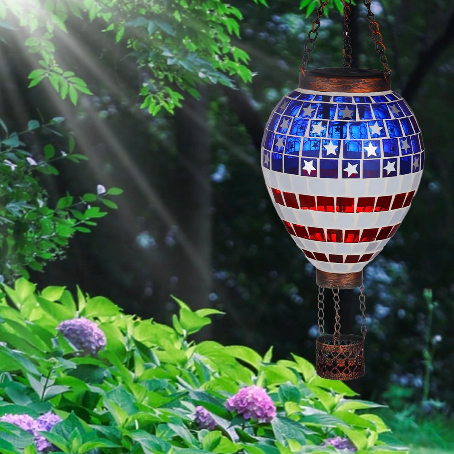 Voreen American Flag Hot Air Balloon Solar Lantern Handmade Mosaic Outdoor Hanging Wind Light Ip44 Waterproof Patio Decorations Gift For Mom Wife Friend Patriotic Theme 4Th Of July Decor