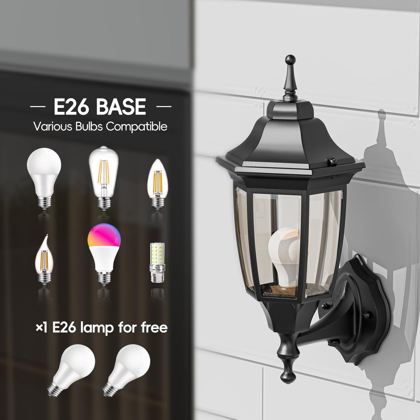 Emart Dusk To Dawn Outdoor Porch Light Exterior Anti-Corrosion Waterproof Aluminum & Glass Shades Wall Lamp Fixture Modern Sconce Lantern For Yard House Garage - 1 Pack Black (Bulb Included)