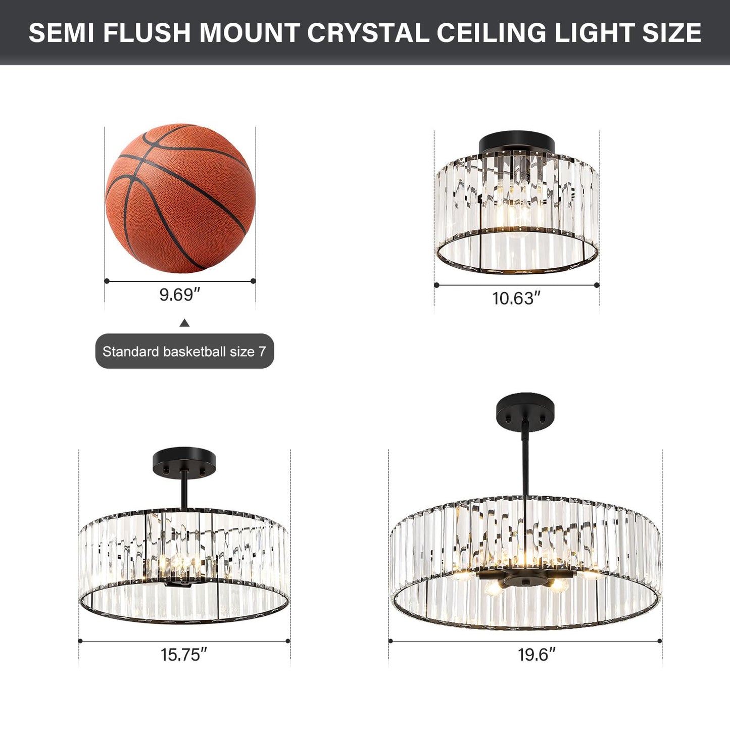 Violoemi Modern Blcak Semi Flush Mount Ceiling Light Crystal Dining Room Chandelier Light Fixture 6-Light Drum Lighting Fixtures For Foyer Kitchen Living Room Bedroom (19.6 Inch)