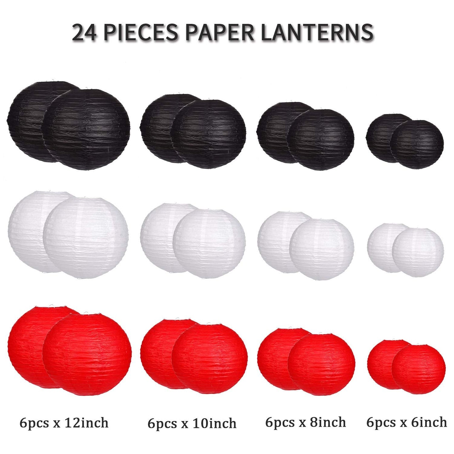 zilue 24pcs Hanging Round Paper Lanterns for Wedding Birthday Party Baby Showers Decoration Black/Red