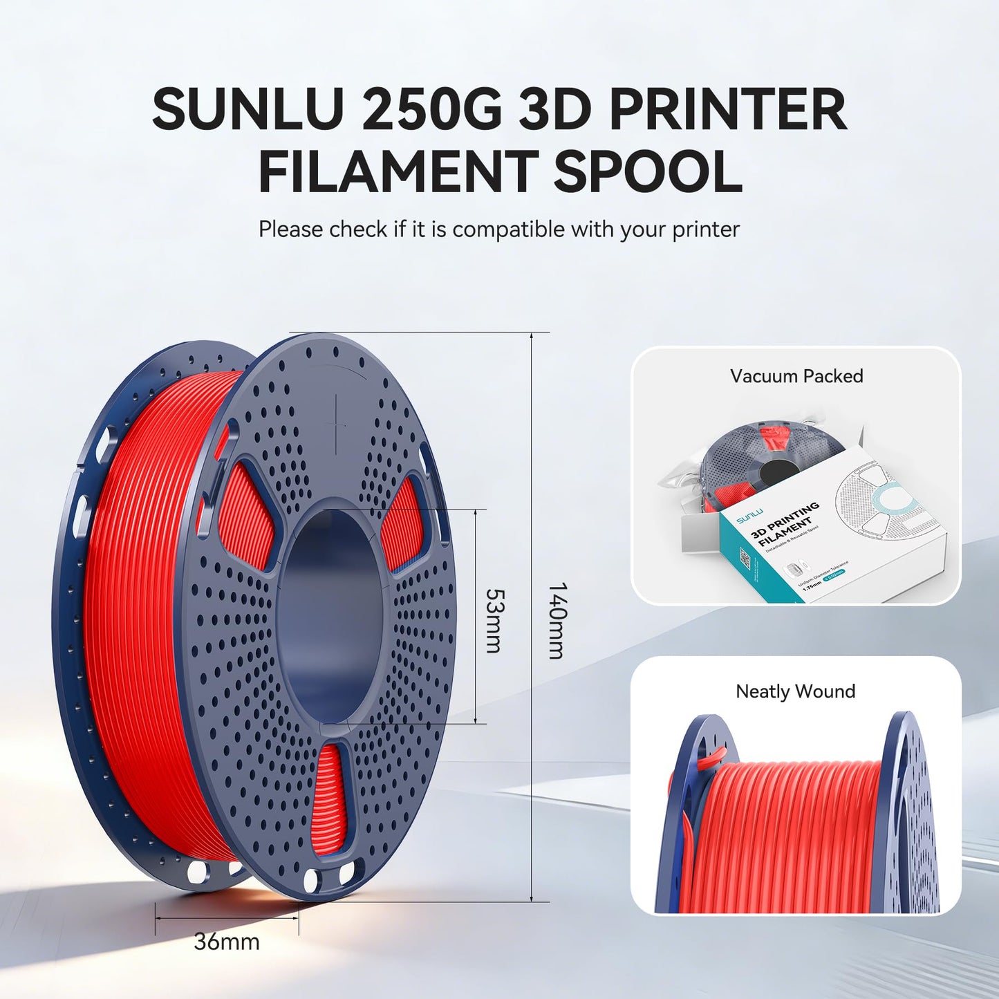 SUNLU 250g PLA Filament 1.75mm Bundle,3D Printer Filament Bundle Multicolor, Neatly Wound PLA Filament, Individually Vacuum Packed,250g Spool,8 Rolls,Black+White+Grey+Transparent+Red+Blue+Orange+Green