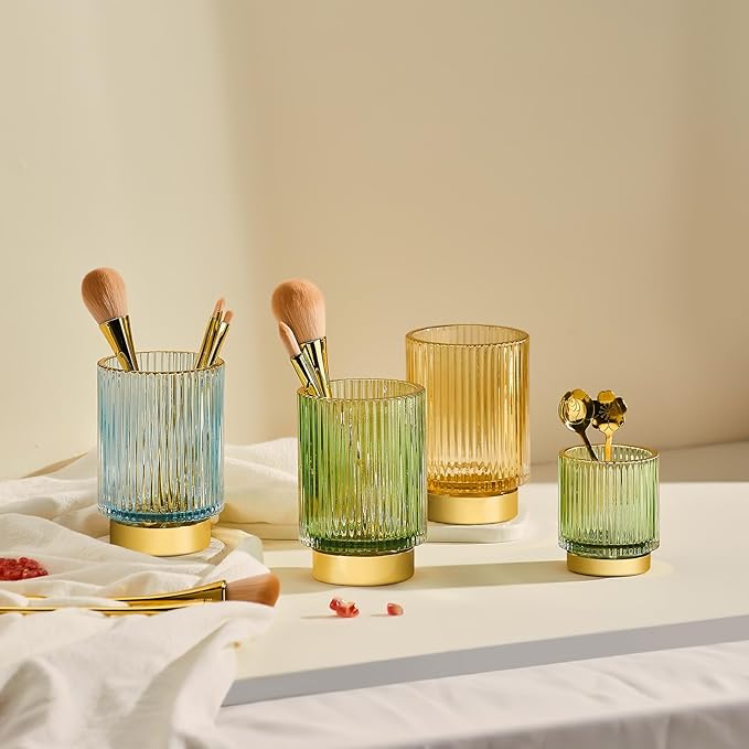 Makeup Brush Holder Organizer,Toothbrush Holders,Desk Pen Pencil Holder,Multifunctional Vintage Glass Brush Cup(L/Green/A3-6-US)