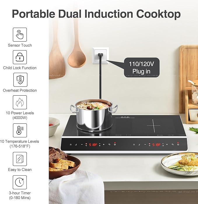 Double Induction Cooktop, 4000W 2 burner Induction cooktop with LED Touch Screen 10 Levels Settings with Child Safety Lock & Timer 110V Electric burner with hot plate