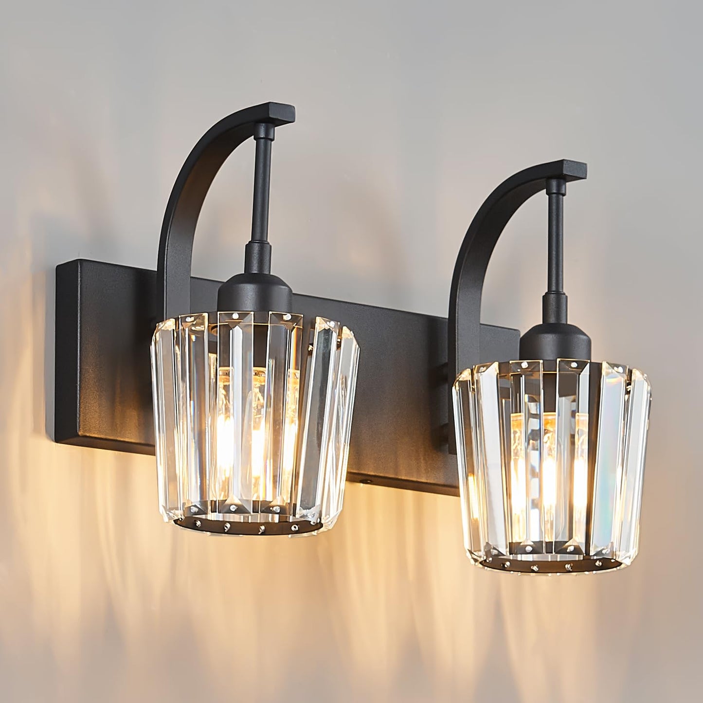 Fdpby Modern Bathroom Vanity Light 2-Light Black Wall Sconce With Crystal Accents Over Mirror Bathroom Lighting Fixture 13.77 Long Dimmable Vanity Lamp For Makeup Easy Installation
