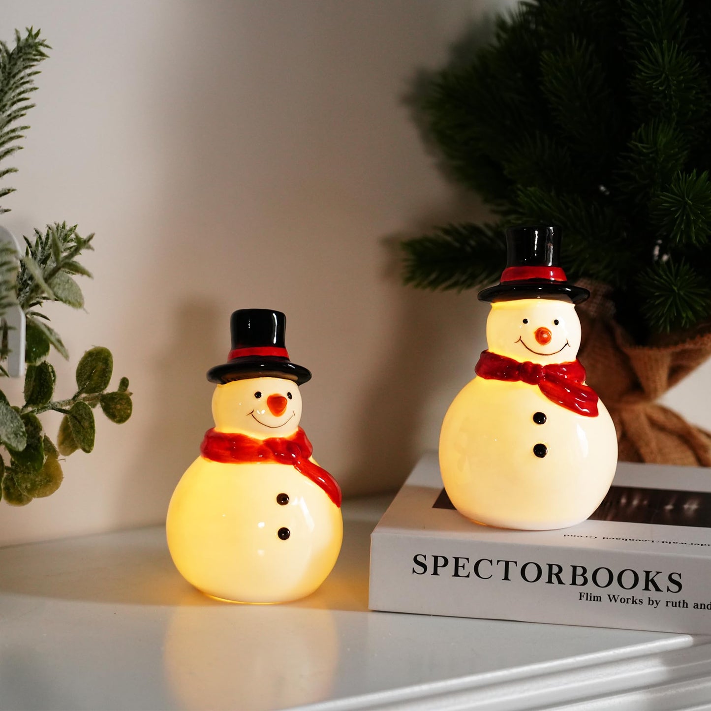 Nerosun Christmas Snowman Figurines 3 Pack Ceramic Cute Led Lighted Snowman Tabletop Christmas Decorations Light Up Table Ornaments For Indoor Cabinet Mantel Fireplace Winter Xmas Decor