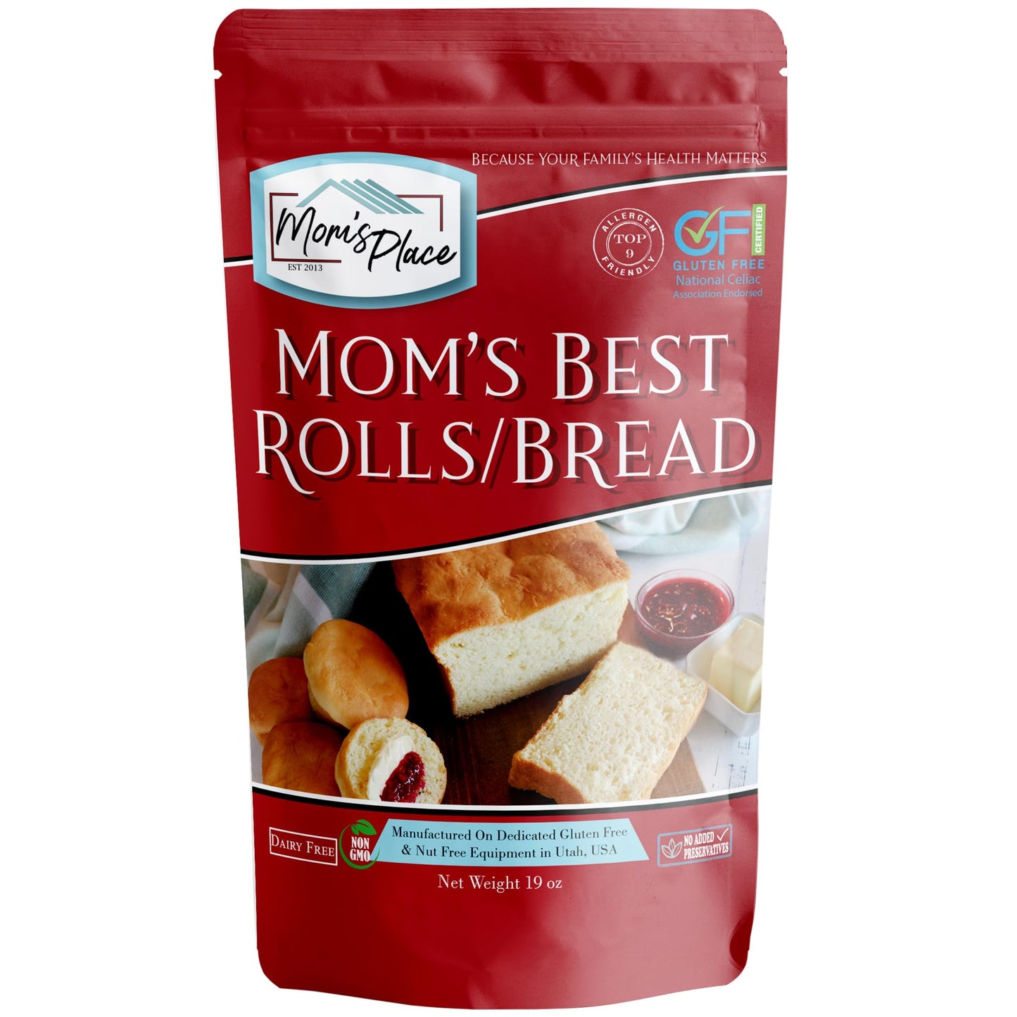 Moms Place Gluten-Free Best Rolls & Bread Mix - Dairy Free, Nut Free, Soy Free, Corn Free, NON GMO, Preservative Free, 19 oz