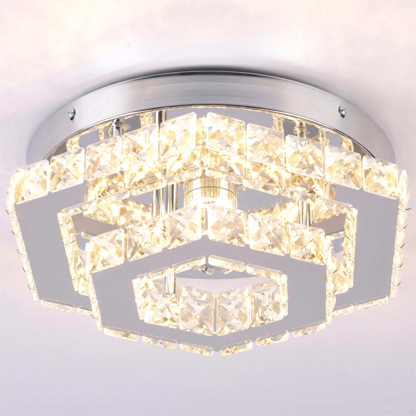 CXGLEAMING Chandelier LED Pendant Light Dimmable Remote Control K9 Crystals Stainless Steel Hexagonal-Dimmable for Dining Room Living Room