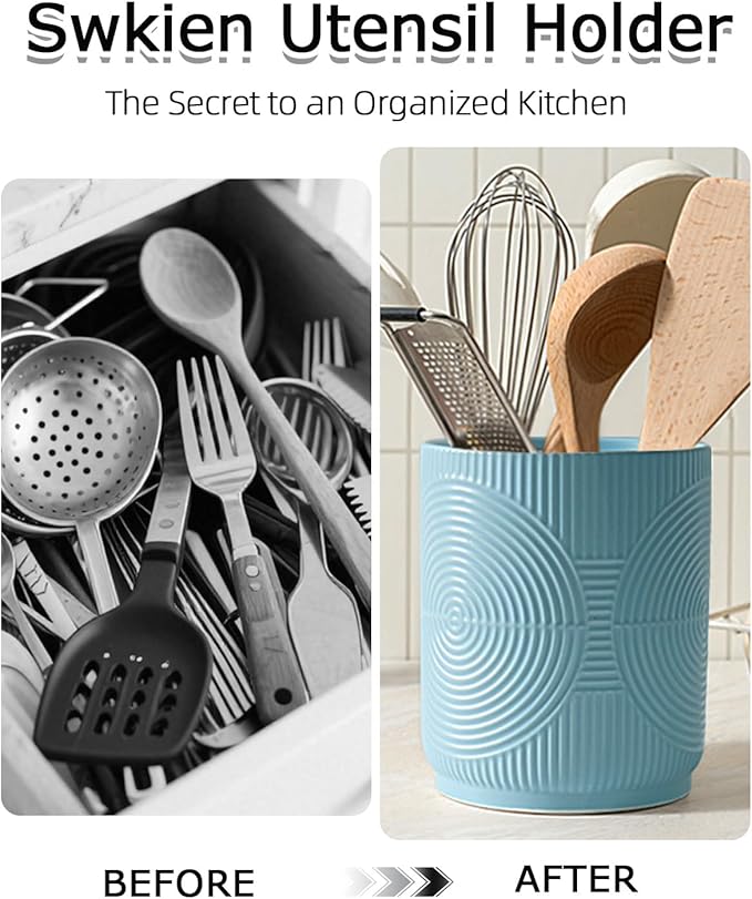 Utensil Holder, 7.2" Kitchen Utensil Holder for Counter, 2-in-1 Ceramic Cooking Utensils Holders with Spoon Rest, Utensil Crock for Spatula, Ideal Housewarming Gift(Blue)