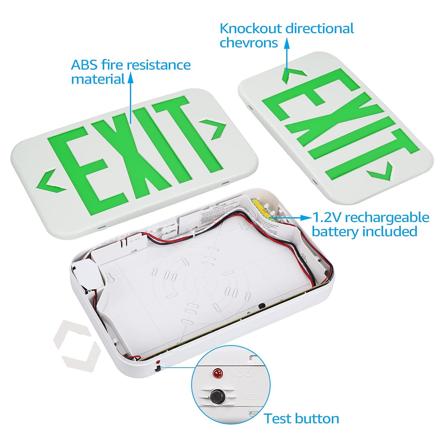 TORCHSTAR LED Exit Sign, Emergency Light with Battery Backup, Double Face, Green, UL 924, Hardwired, 2 Units, Model ZF3EL-05V2-2P