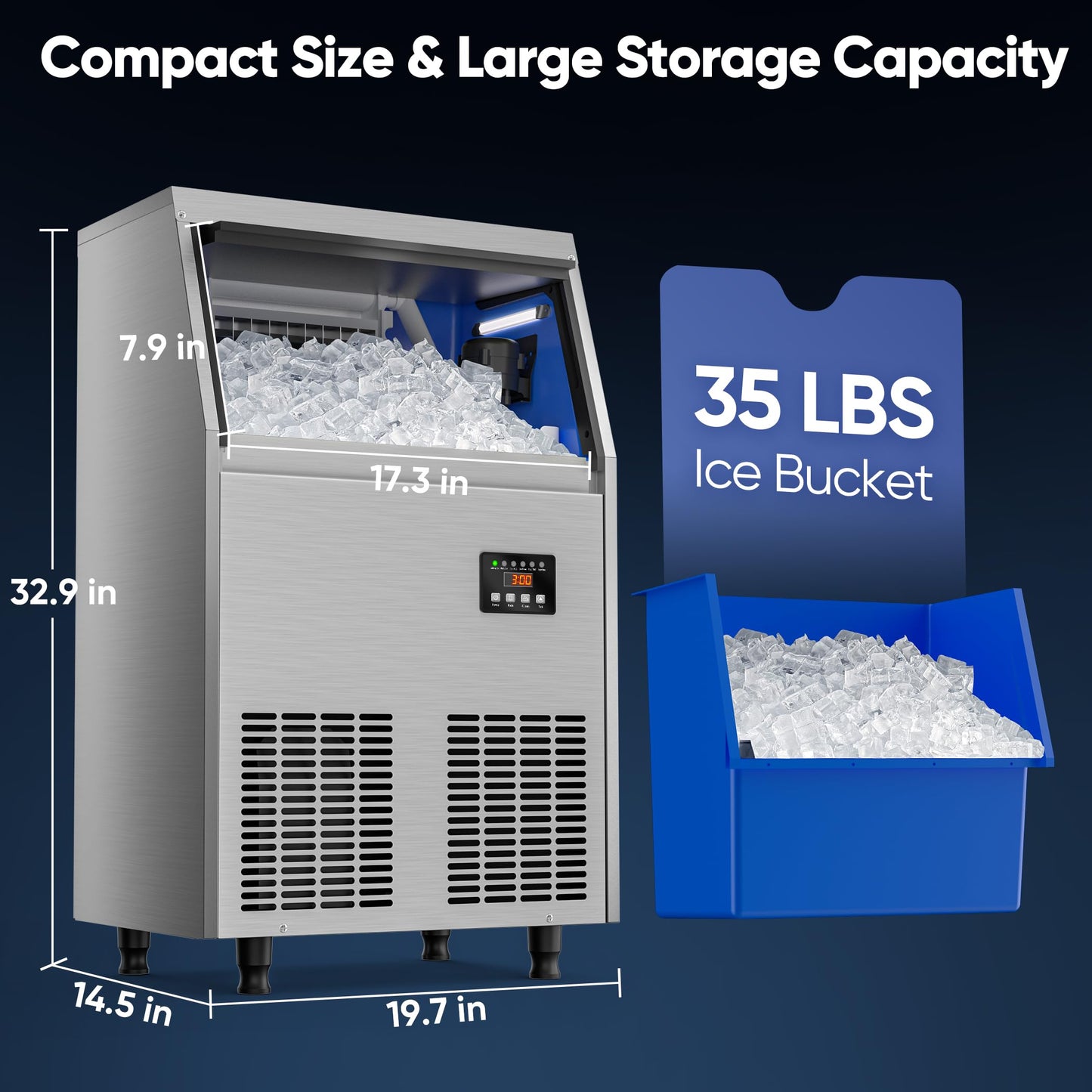Coolski Commercial Ice Maker Machine 200LBS/24H, Under Counter Ice Maker with 35LBS Storage Capacity, Stainless Steel Ice Machine for Restaurant Home Bar, DOE