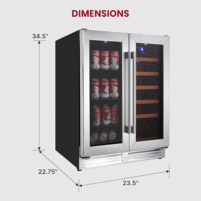Koolatron Wine Fridge - Under Counter Wine Cooler, 18 Bottle & 56 Beverage Can Chiller, Built in Cabinet for Champagne, White & Redwines, Bar, Dual Zone Cellar, Stainless Steel Made In Canada