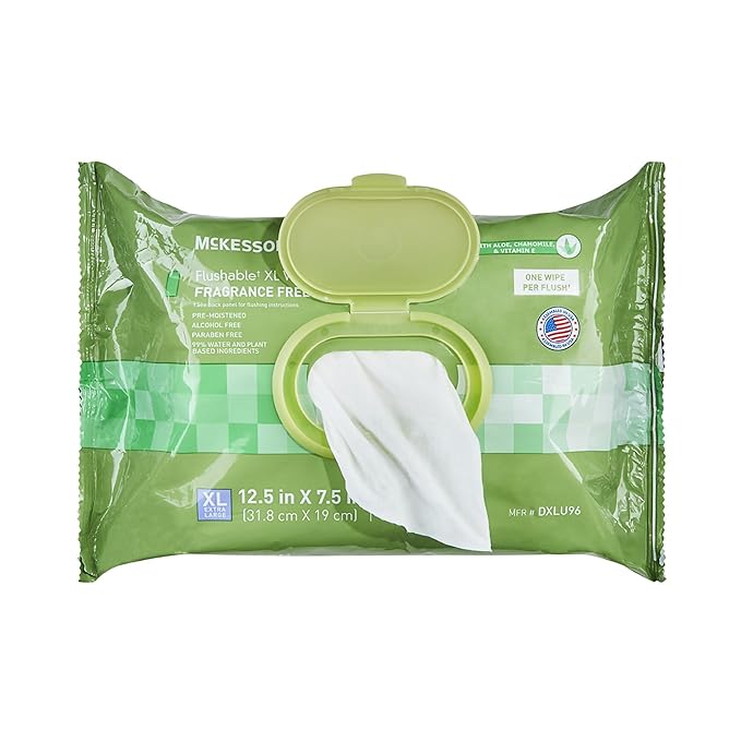 McKesson Flushable* Adult Wet Wipes XL – 96 Wipes (1 Pack of 96) – Aloe & Vitamin E, Plant-Based Cleansing Wipes, Unscented, Extra Large
