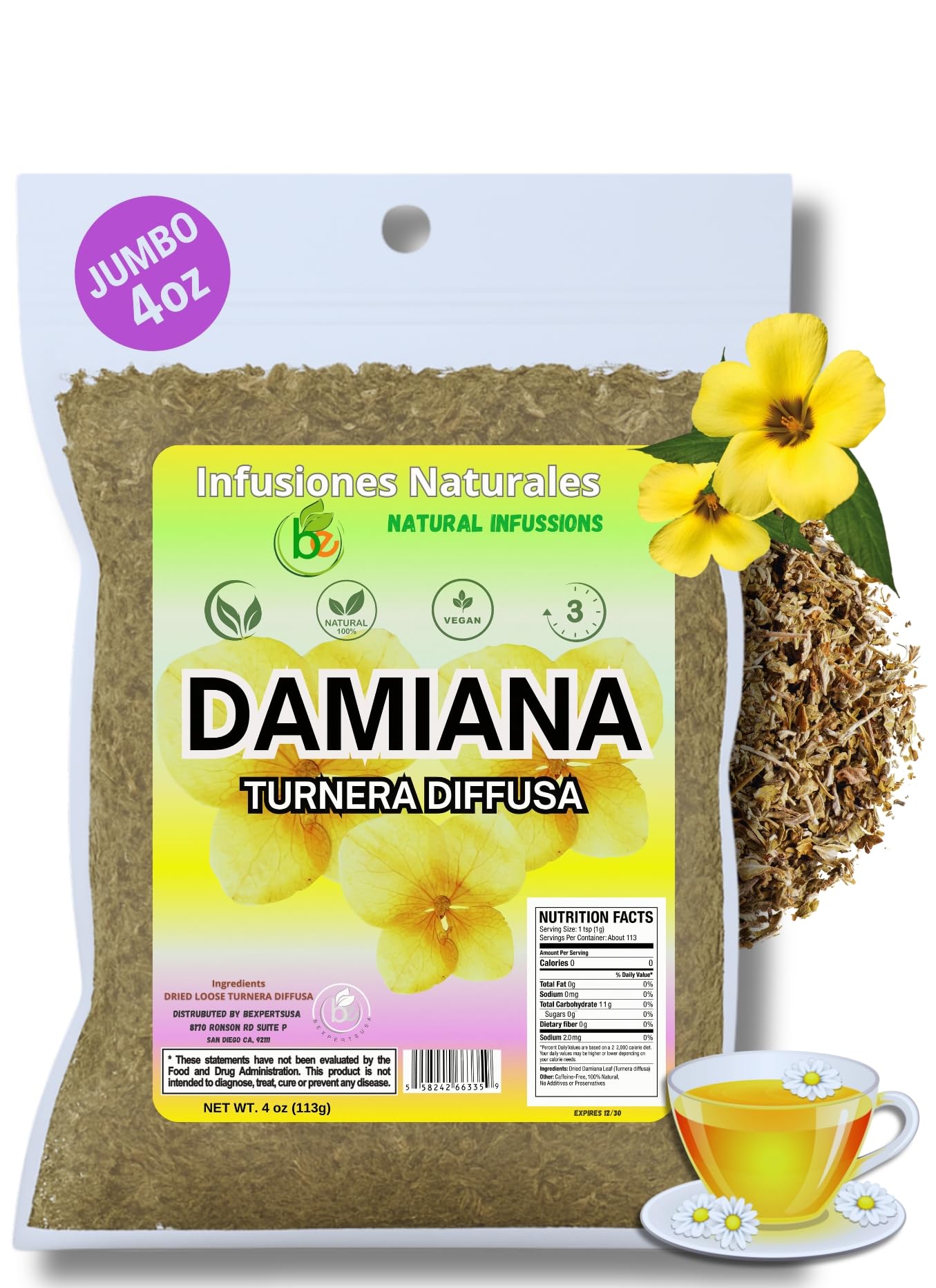 Damiana Leaf Tea (Turnera diffusa) - 4 oz Loose Herbal Te - Authentic Mexican Origin - 100% Natural Non-GMO Caffeine-Free Gluten-Free Vegan - Herbal Infusion by Bexpertsusa