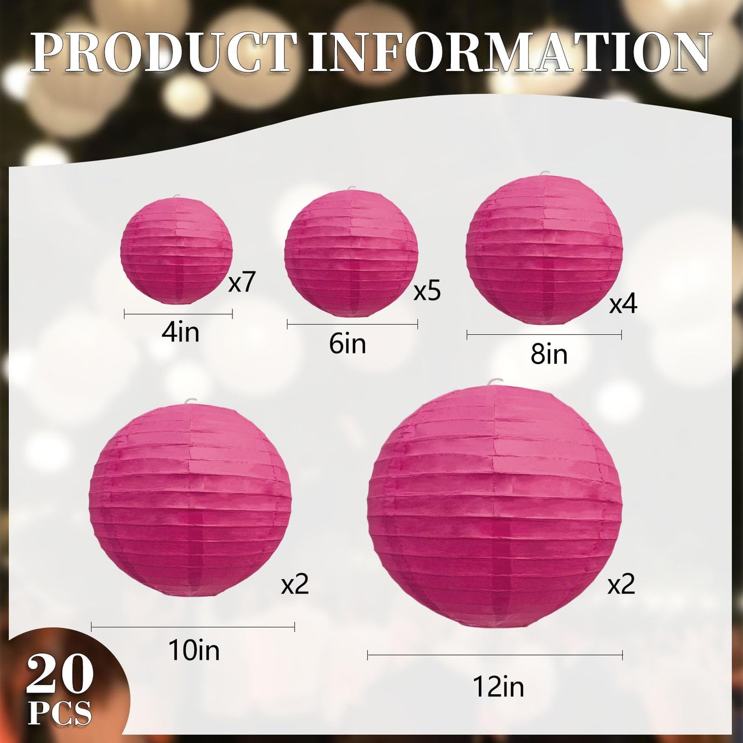 20Pcs Fuchsia Paper Lanterns for Parties, 6” 8” 10” 12” Chinese Asian Hanging Round Paper Lanterns for Birthday Wedding Halloween Christmas Home Decor Party Decor