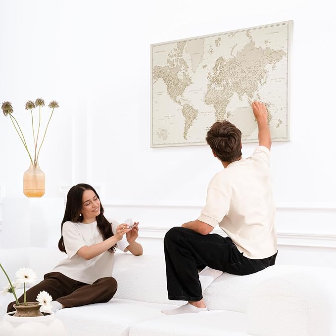 Canvas World Map with Cork Pin Board - English Lettering - Decorative Wall Decoration for All Rooms - Canvas Pictures with World Map Motif (90x60 cm, Pattern 9)