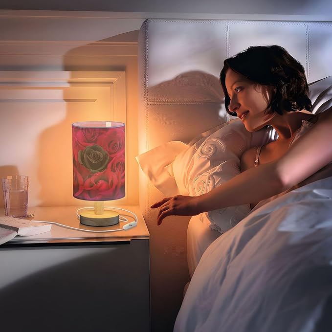 Table Lamp Black Rose in Red Roses Flower with Water Drops Valentines Day Nightstand Lamp with Wood Base Fabric Lamp Shade Bedside Desk Lamp for Living Room Bedroom Kids Room Office