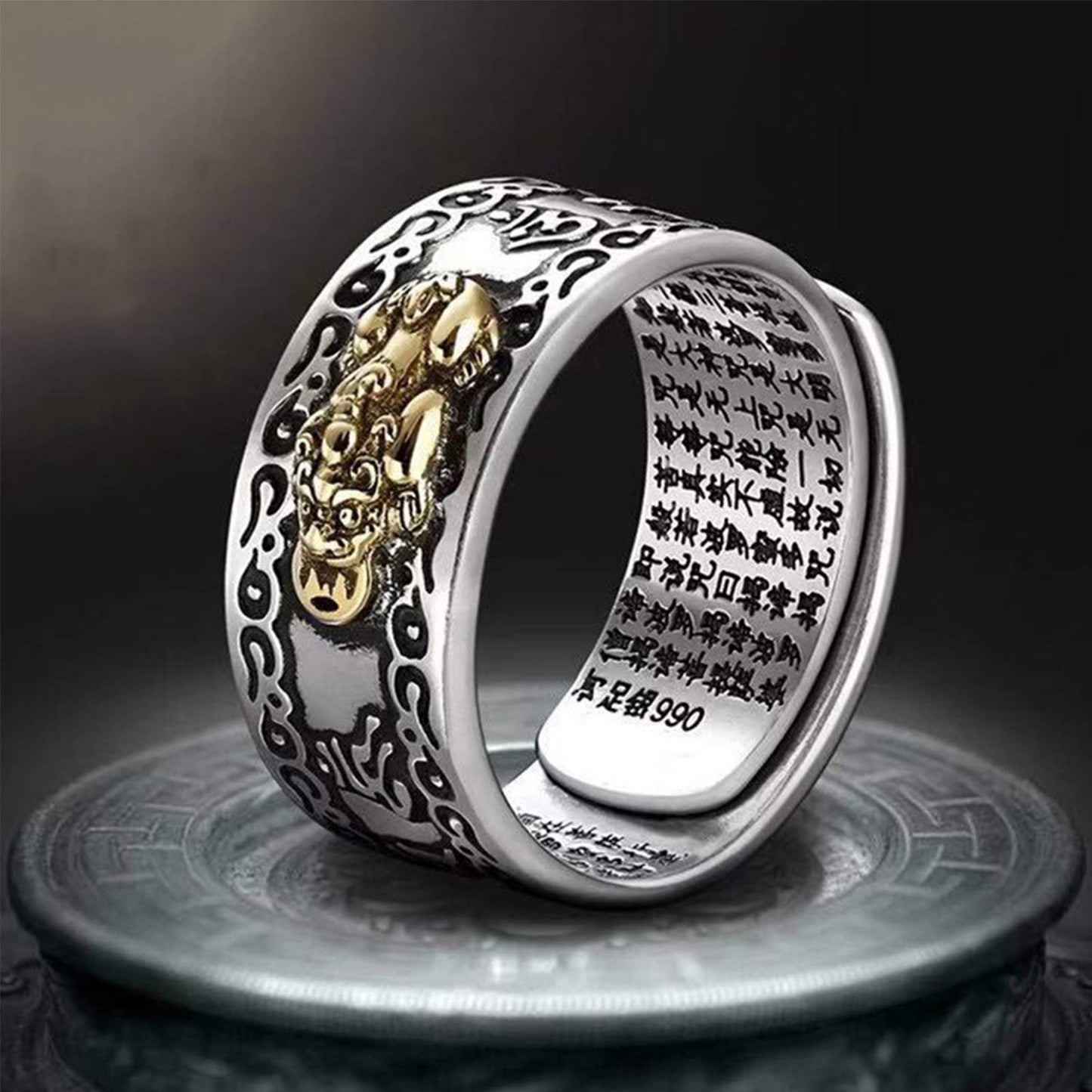 Feng Shui PiXiu Mantra Protection Wealth Ring Amult Pi Xiu Adjustable Ring for Men Women Father's Day Mother's Day (Golden Pi Xi