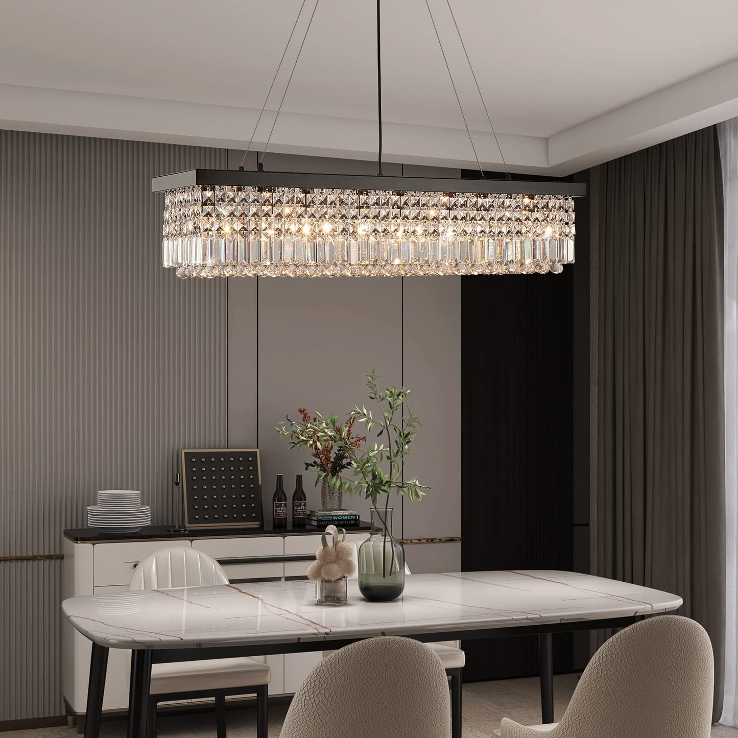 7Pm K9 Crystal Chandelier - Modern Rectangular Pendant Light, Black, L47Xw10Xh10, Stainless Steel, Model Cl010843