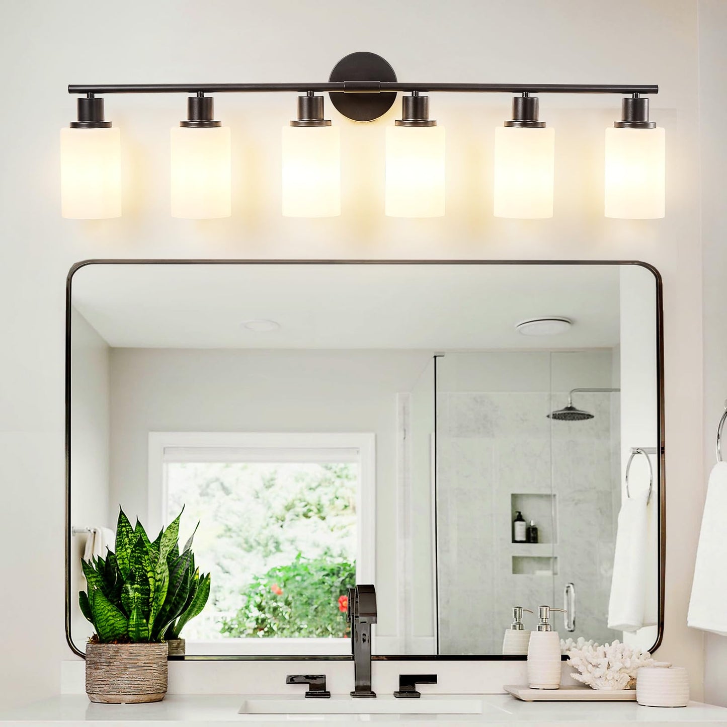 DINGLILIGHTING 6-Light Bathroom Vanity Light Fixtures, Black Metal with Milky White Glass Shade, Ideal for Mirror, Kitchen, Living Room