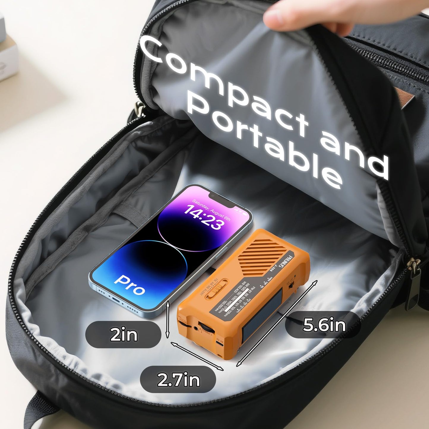 PRUNUS J-366 Hand Crank Emergency Radio, NOAA Weather Alert, Mini, 2000mAh Orange, Solar/USB-C, AM/FM, SOS Alarm, Flashlight