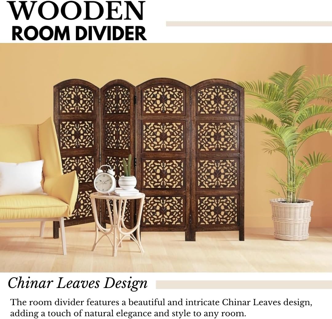 Room Divider Wood Screen Panel – Burnt Brown, 4-Panel Folding 64"x48", Hand-Carved, Reversible Privacy Partition, Decorative & Functional Portable Room Divider for Home or Office