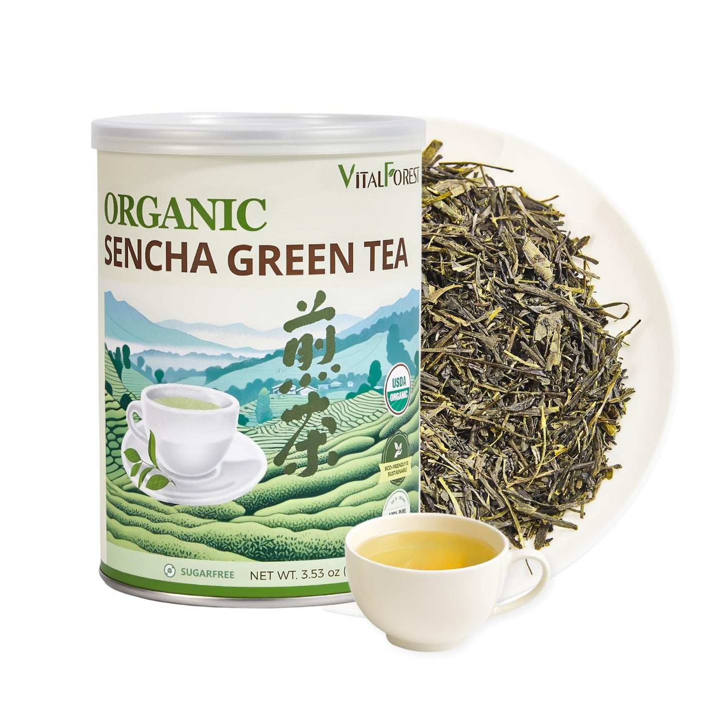 Organic Sencha Green Tea Loose Leaf - 3.53oz/100g USDA Organic Whole Leaf Green Tea VitalForest enhanced Steam-Fixed Green Tea Mild Umami Taste