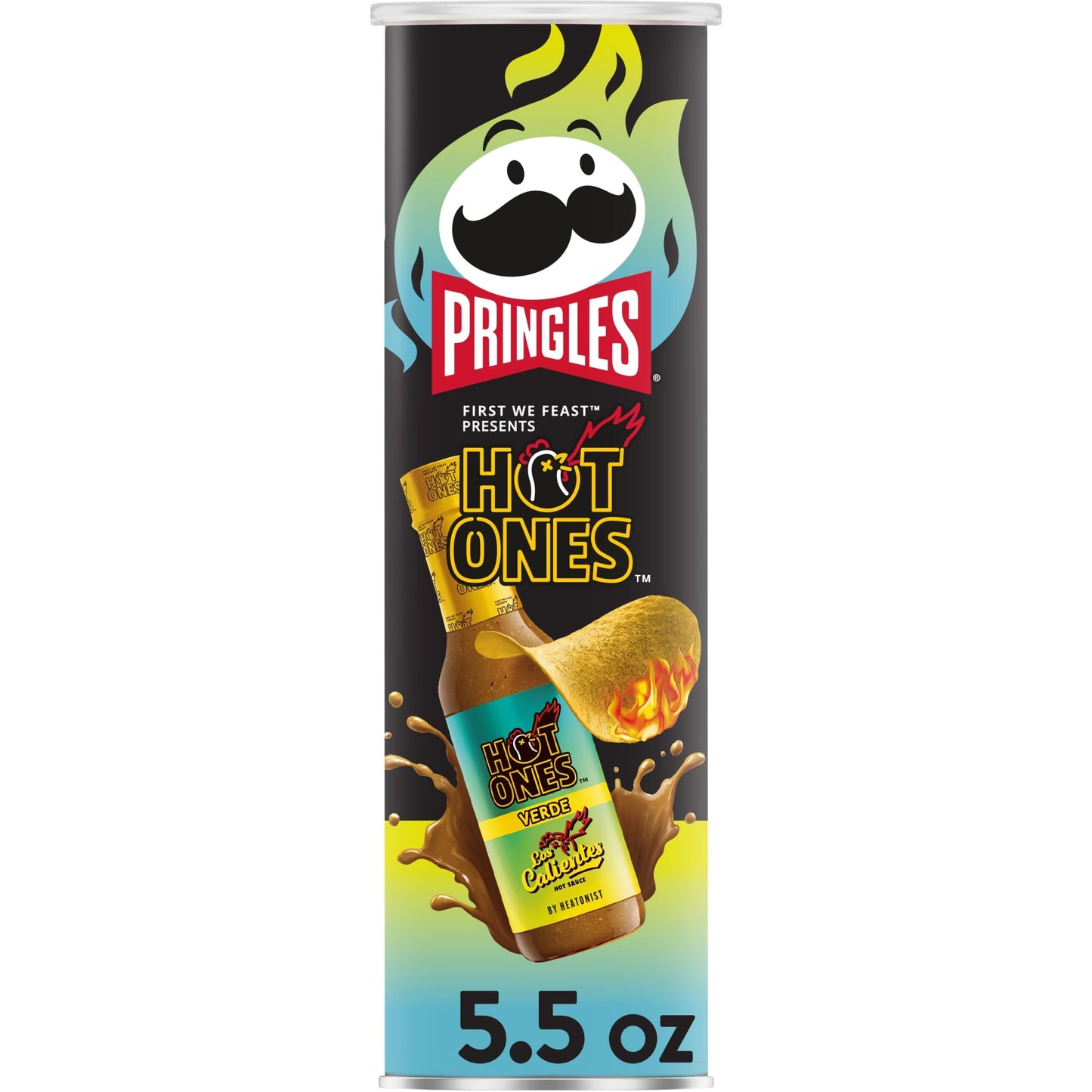 Pringles Hot Ones Los Calientes Potato Crisps Chips, Verde, Spicy Snacks, Hot Sauce Inspired, 5.5oz Can (1 Can)