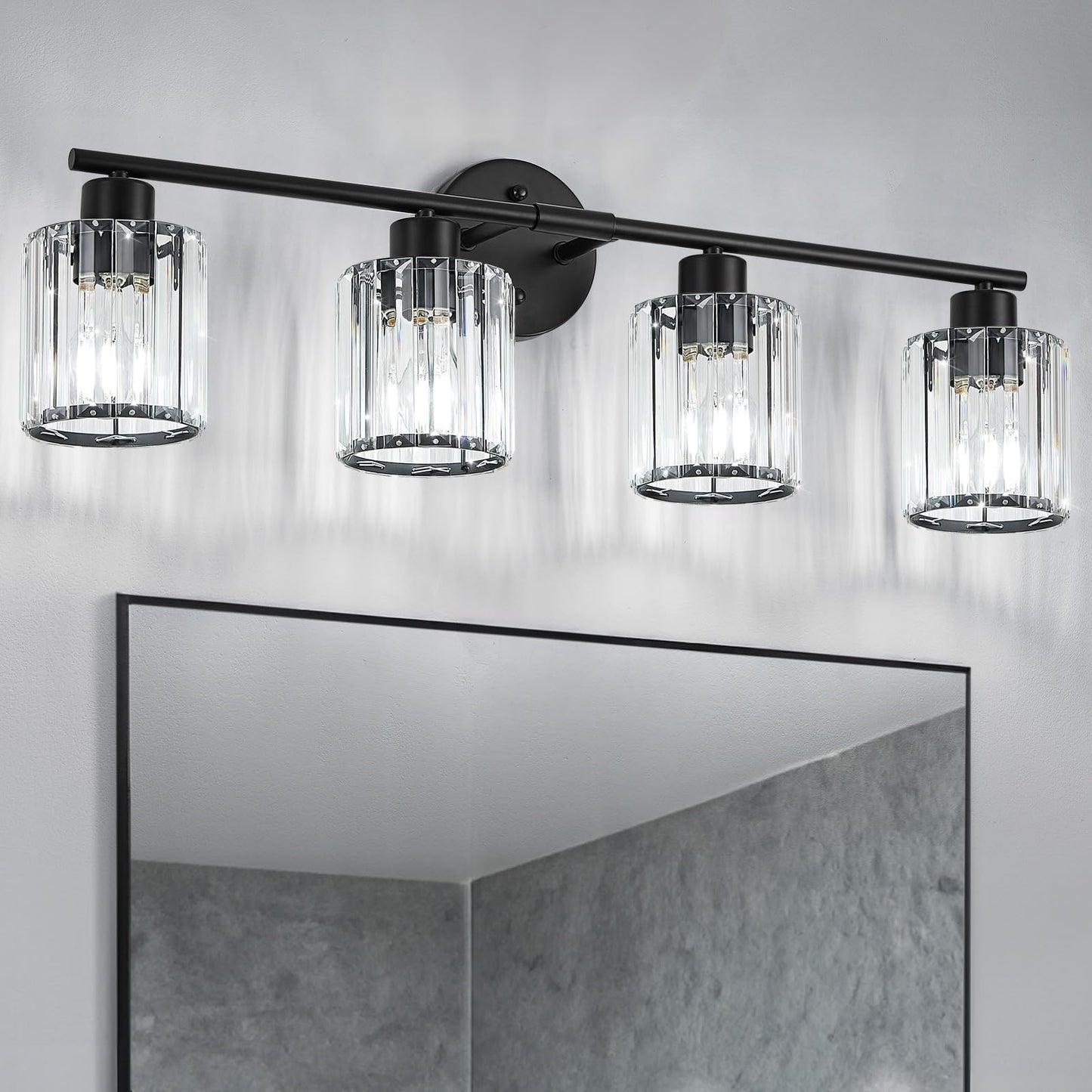 Kvhiiw Crystal Bathroom Light Fixtures, Bathroom Lighting Fixtures Over Mirror, Modern Black 4-Light Vanity Lights for Mirror,Re