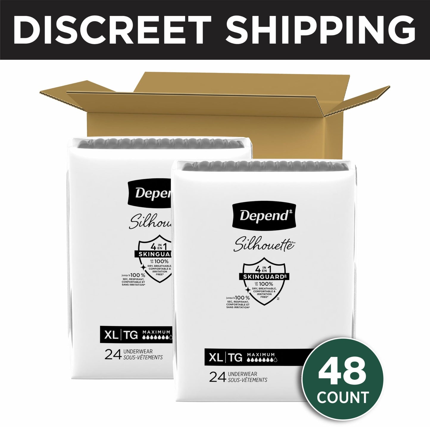 Depend Silhouette Adult Diapers, Incontinence & Postpartum Bladder Leak Underwear for Women, Maximum Absorbency, Extra Large, Black, 48 Count (2 Packs of 24), Packaging May Vary