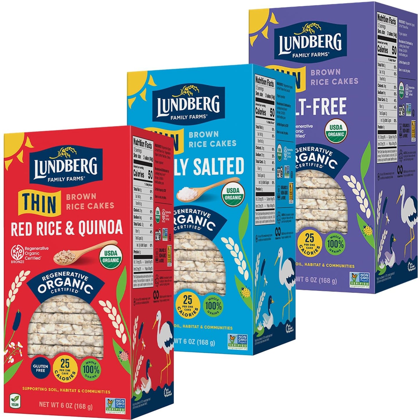 Lundberg Thin Brown Rice Cakes Variety 3-Pack - Regenerative Organic Certified Lightly Salted Salt-Free and Red Rice & Quinoa (Salt-Free) Healthy Snacks 6 Oz Ea