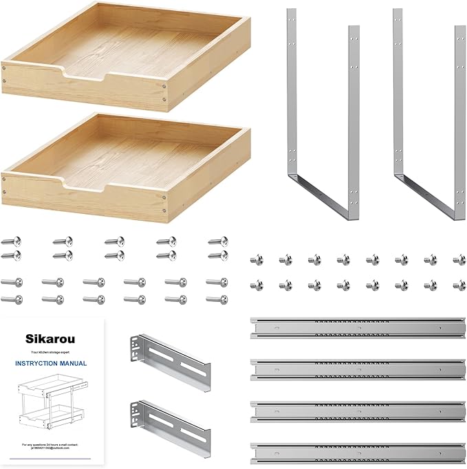 Wood Pull Out Cabinet Organizer 2 Tie 23" W x 21" D, Heavy-Duty Sliding Drawers for Inside Cabinets Storage and Organization for Kitchen, Pantry, Bathroom