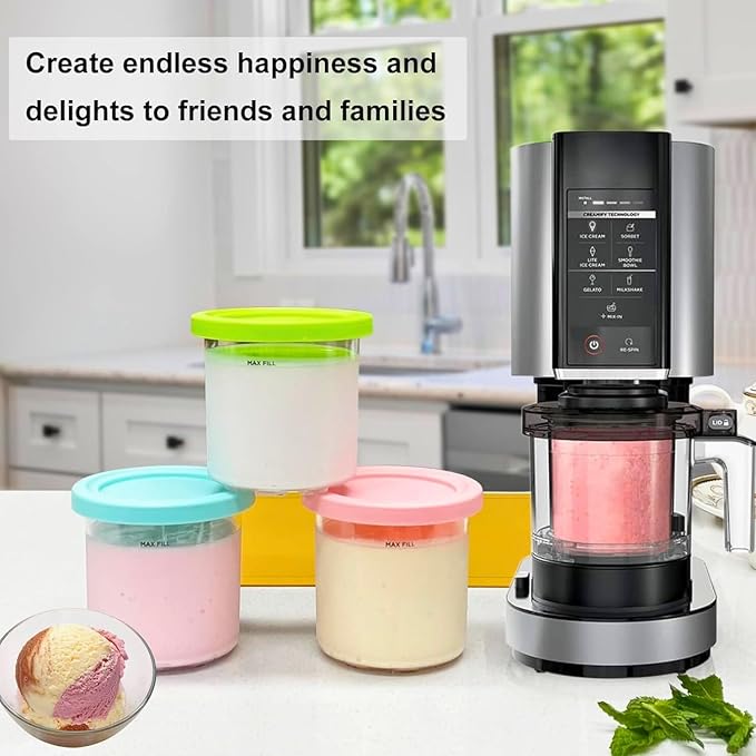 4-Pack 16 Oz Ice Cream Containers with Lids โ Compatible with Ninja NC300, NC301 & NC299AMZ Series Creami Machines โ Dishwasher Safe & Leak-Resistant