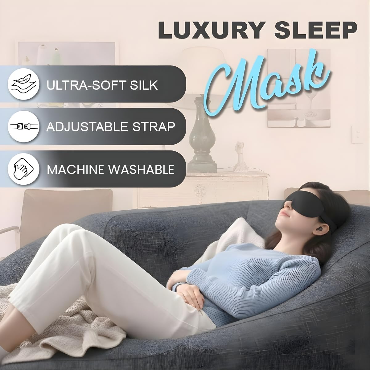 Luxury Sleep Mask β Pack of 2 Ultra-Soft Silk Eye Covers with Adjustable Strap & Soft Ear Loops, 3D Contoured Light Blocking Sleeping Mask for Travel, Naps & Relaxation(Black & Black)