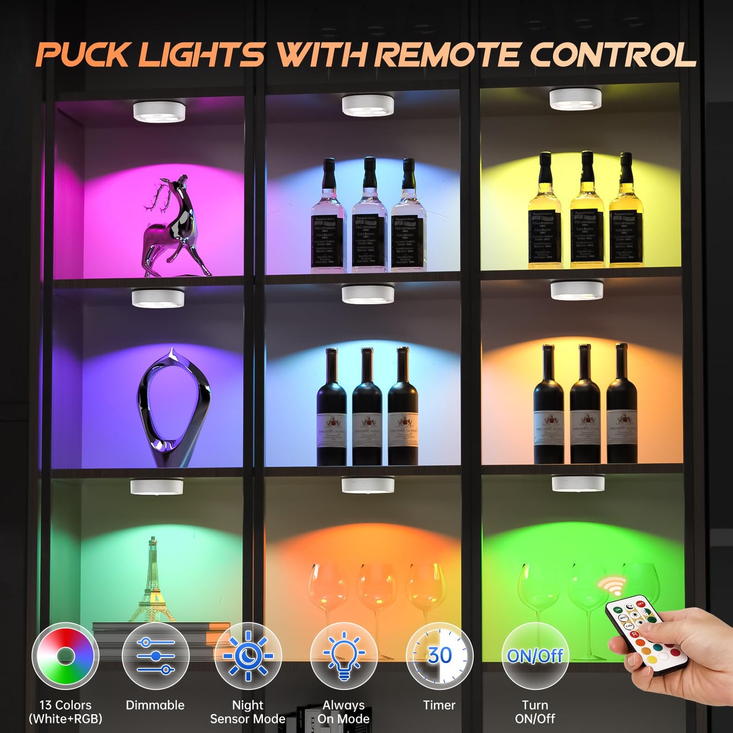 Lightbiz 3PCS Motion Sensor Step Light, Wireless Rechargeable Puck Lights, RGB Color, Model C930-3, Ideal for Closet and Hallway