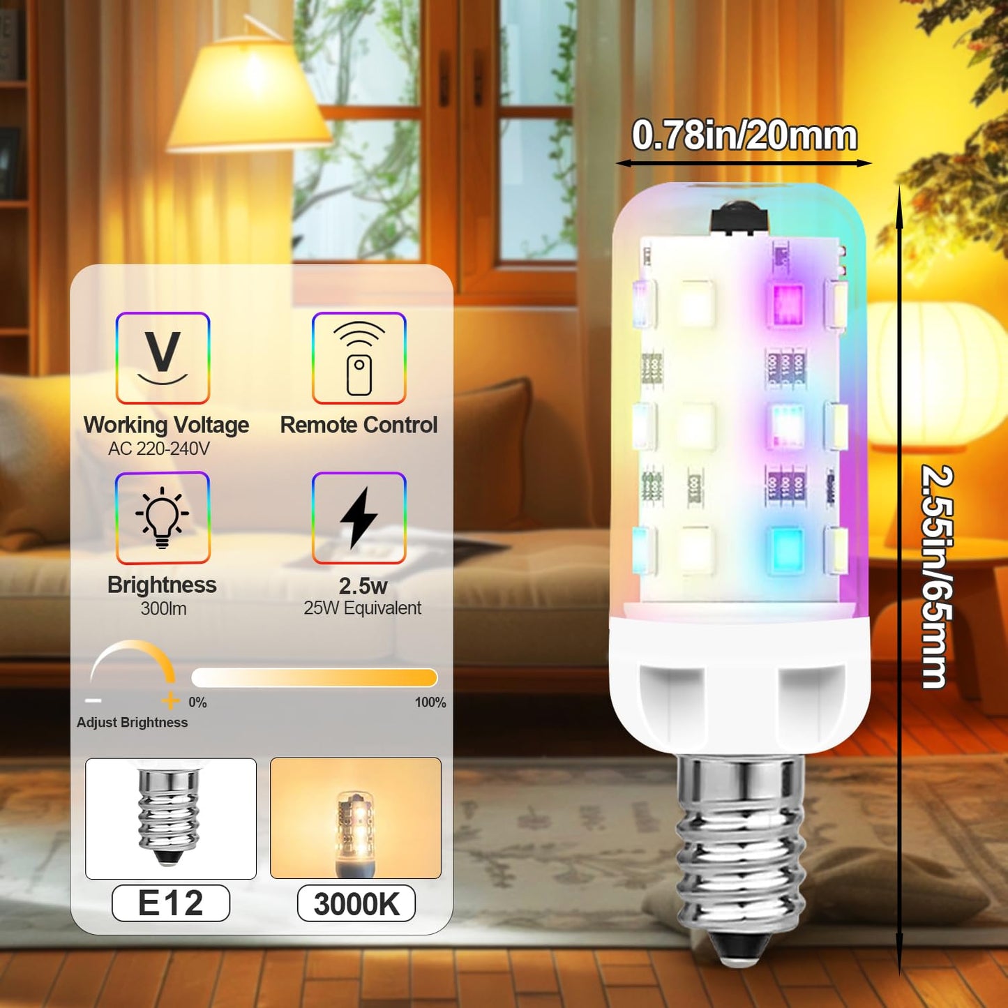 Xrise E12 Led Bulb 2.5W Dimmable Rgb+Warm White Color Changing With Remote Control Equivalent 25W Halogen E12 Base Led Light Bulbs 3000K 250Lm No Flicker 5 Pack