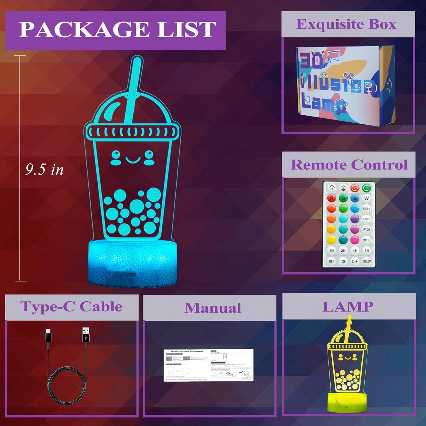 Boba Lamp, Boba Gifts, Boba 3D Night Light with Remote Control, 16 Color Changing, Timer, RGB Flashing Mode, Dimmable - Boba Gifts for Boys & Girls