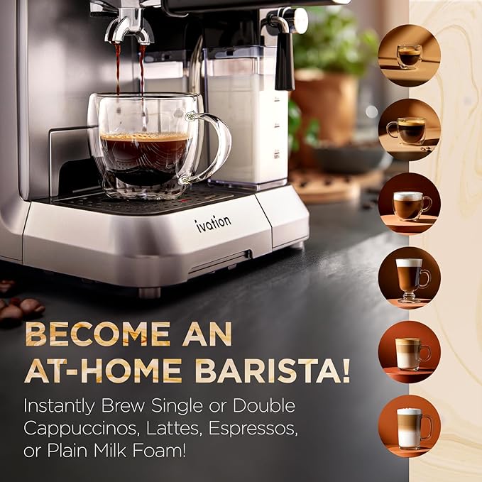 Ivation Espresso & Cappuccino Maker w/Milk Frother | 58mm | Coffee Machine for Home | Single & Double Shots | Espresso, Cappuccino, Latte, & Froth | Auto-Clean & Descale - Detachable Milk Reservoir