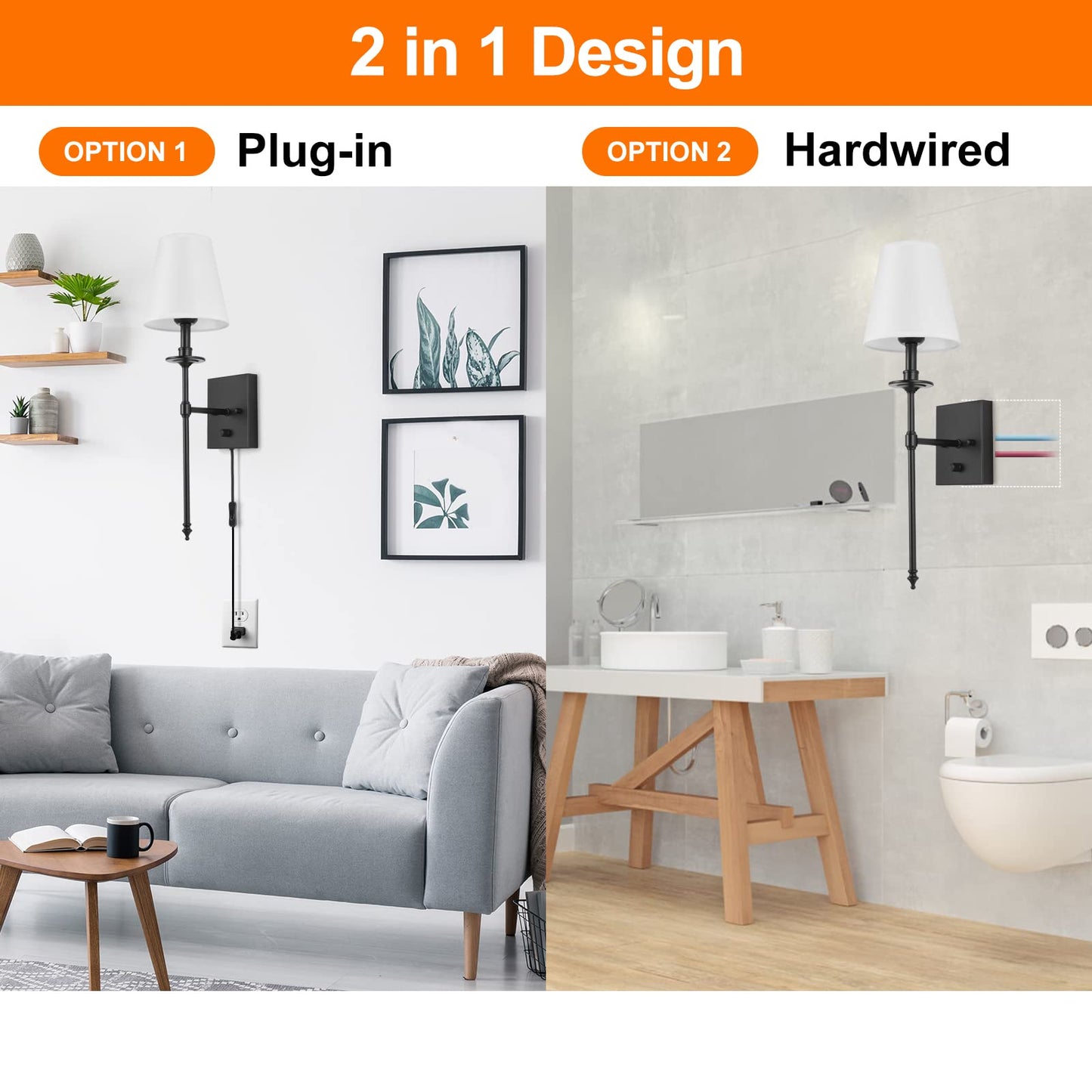 ENCOMLI Dimmable Wall Sconces Set of Two, White Fabric Shade, Plug-in, Black
