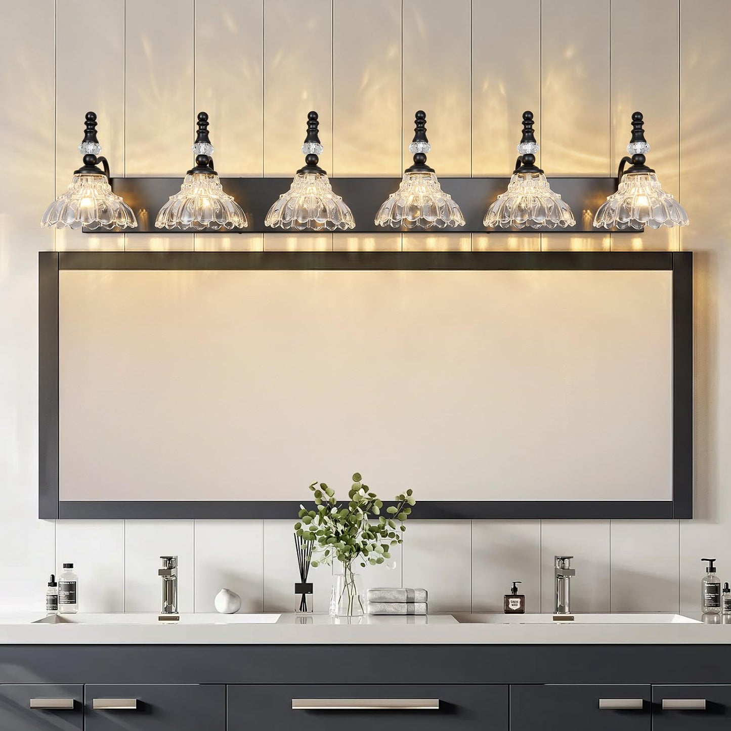 Lbsqj Vintage Bathroom Vanity Light 6-Light Black Vanity Lighting Fixture With Flower Glass Shade Bathroom Lighting Fixtures Over Mirror
