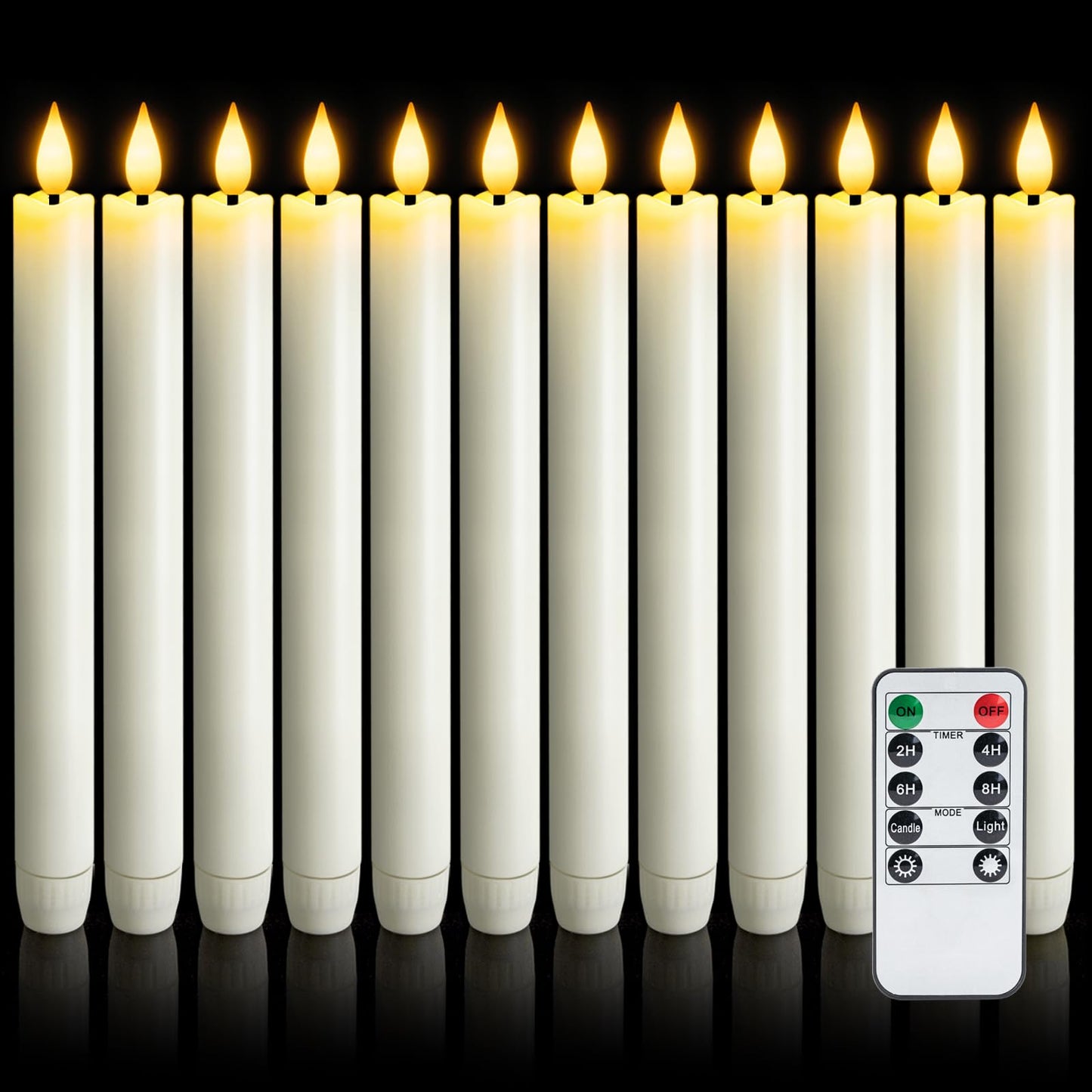 Meigic 12 Pcs Flameless Taper Candles with Remote Timer, Battery Operated Window Candles, White Plastic LED Candlesticks, for We