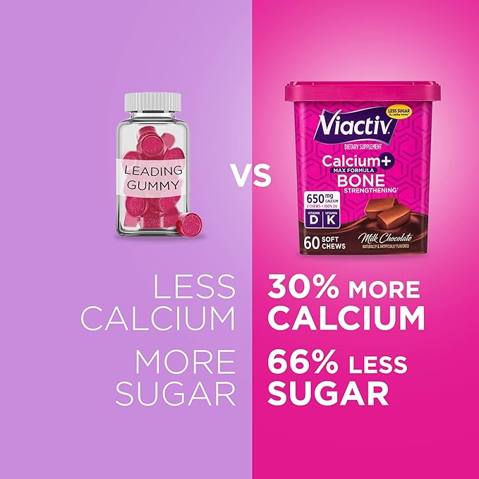 Viactiv Calcium +Vitamin D3 Supplement Soft Chews, Caramel & Calcium +Vitamin D3 Supplement Soft Chews, Milk Chocolate, 60 Chews - Calcium Dietary Supplement for Bone Health