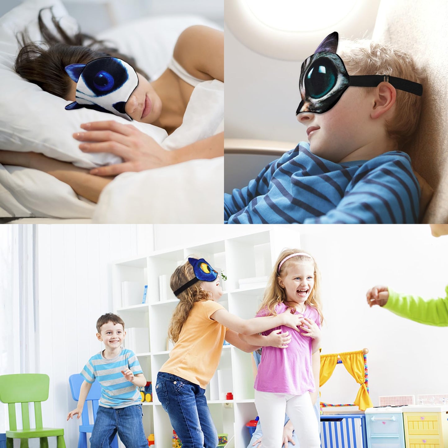 GRPSKCOS Kids Sleep Mask, 4 Pack Cute Animal Cat Dog Funny Sleep Eye Mask for Sleeping Soft Plush Blindfold with Adjustable Strap for Kids Adults Travel Naps Shift Works Games(02 Style A- 4 Pack)