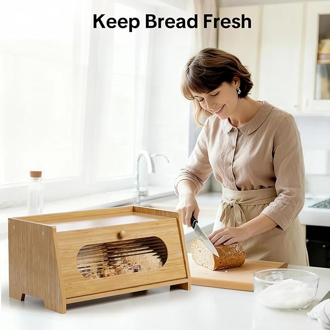 Bamboo Bread Box for Kitchen Countertop,Large Capacity Kitchen Countertop Organizer,Bread Storage with Acrylic Window for Cabinet,Pantry,Cupboard