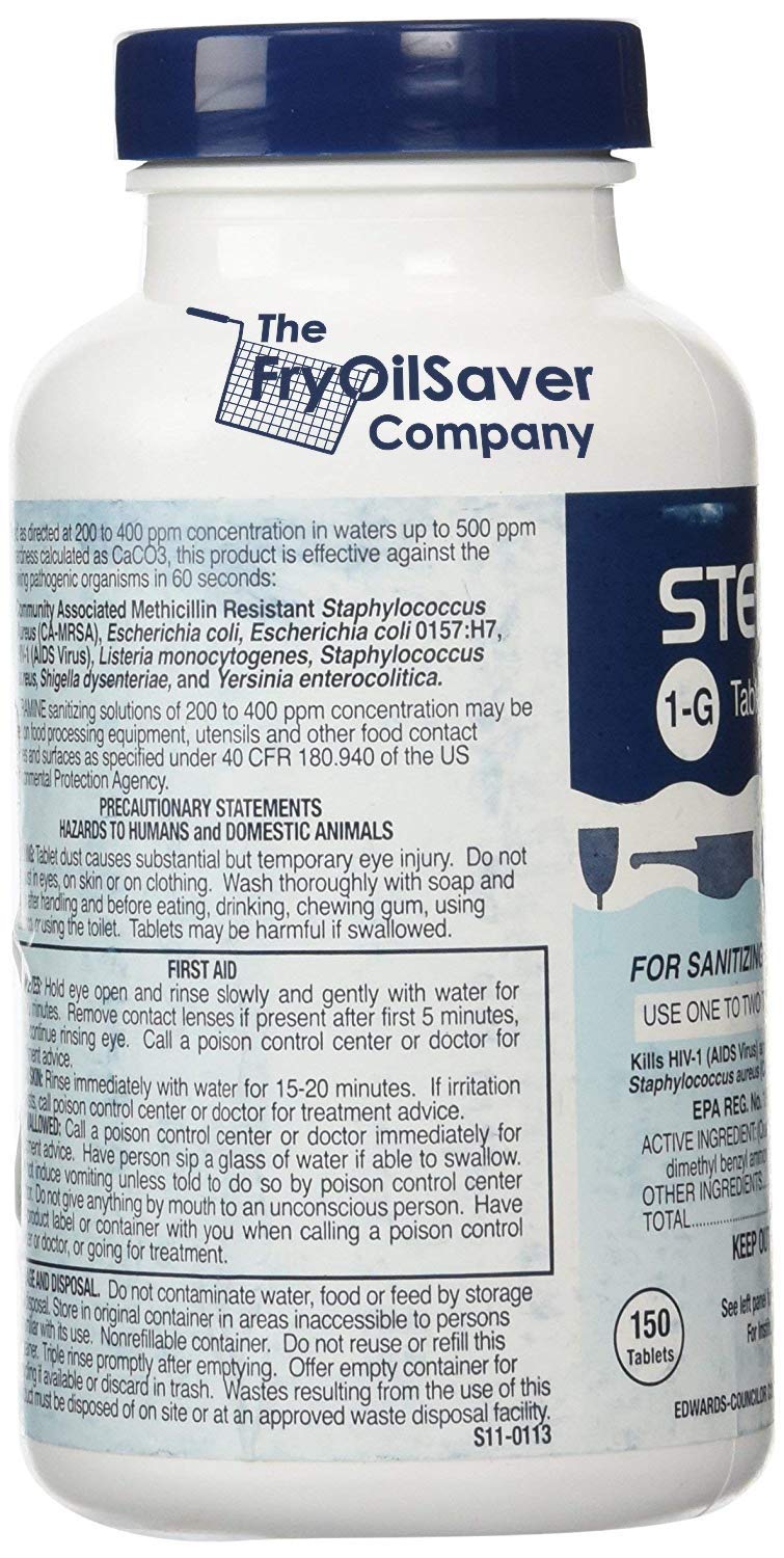 1 Bottle Steramine Sanitizer Tablets - Multi Purpose Steramine Sanitizing Tablets for Food Contact Surfaces in Kitchen, Diners, Hotels, Restaurants & Food Trucks by FryOilSaver Co. (150 Count)
