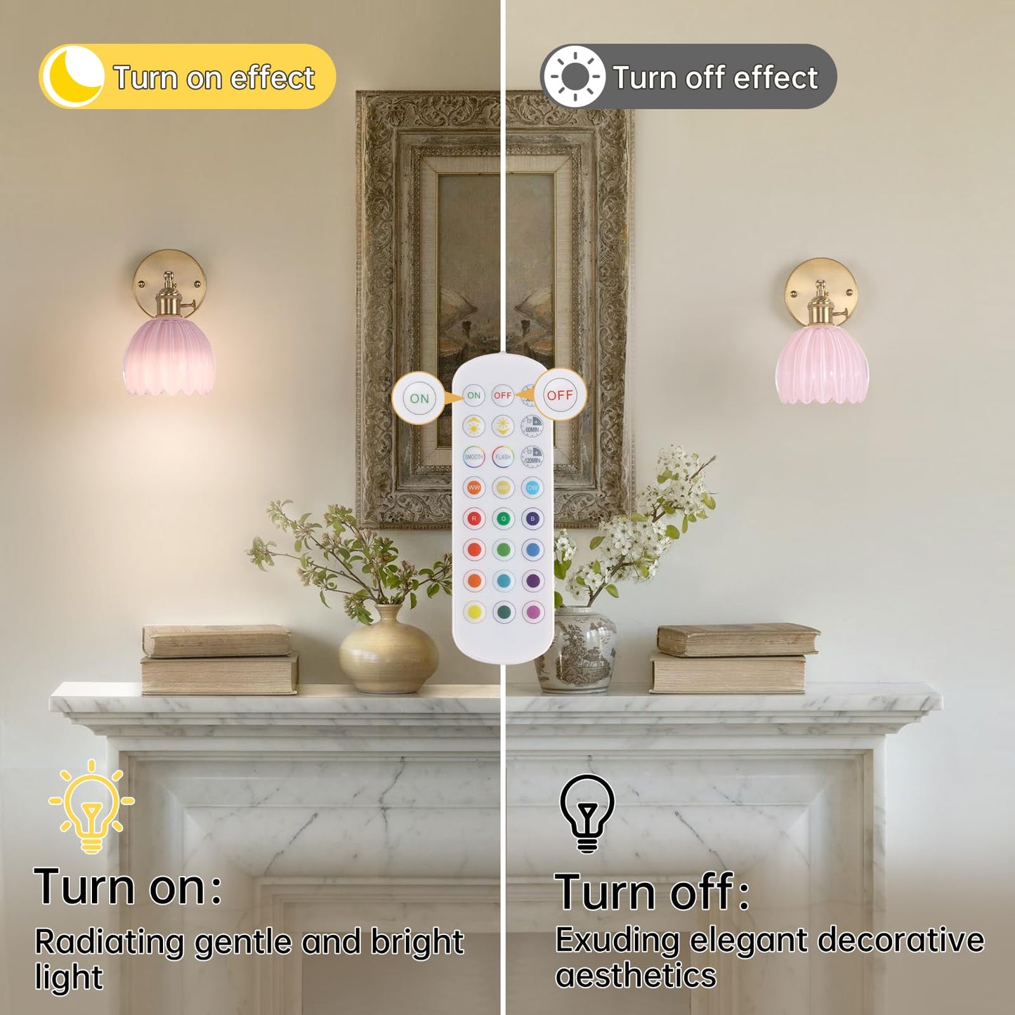 Shenmoyl Vintage Wall Sconce - 5000 mAh Battery Operated, Pink Tulip Glass, Rechargeable, Remote Control, Set of 2