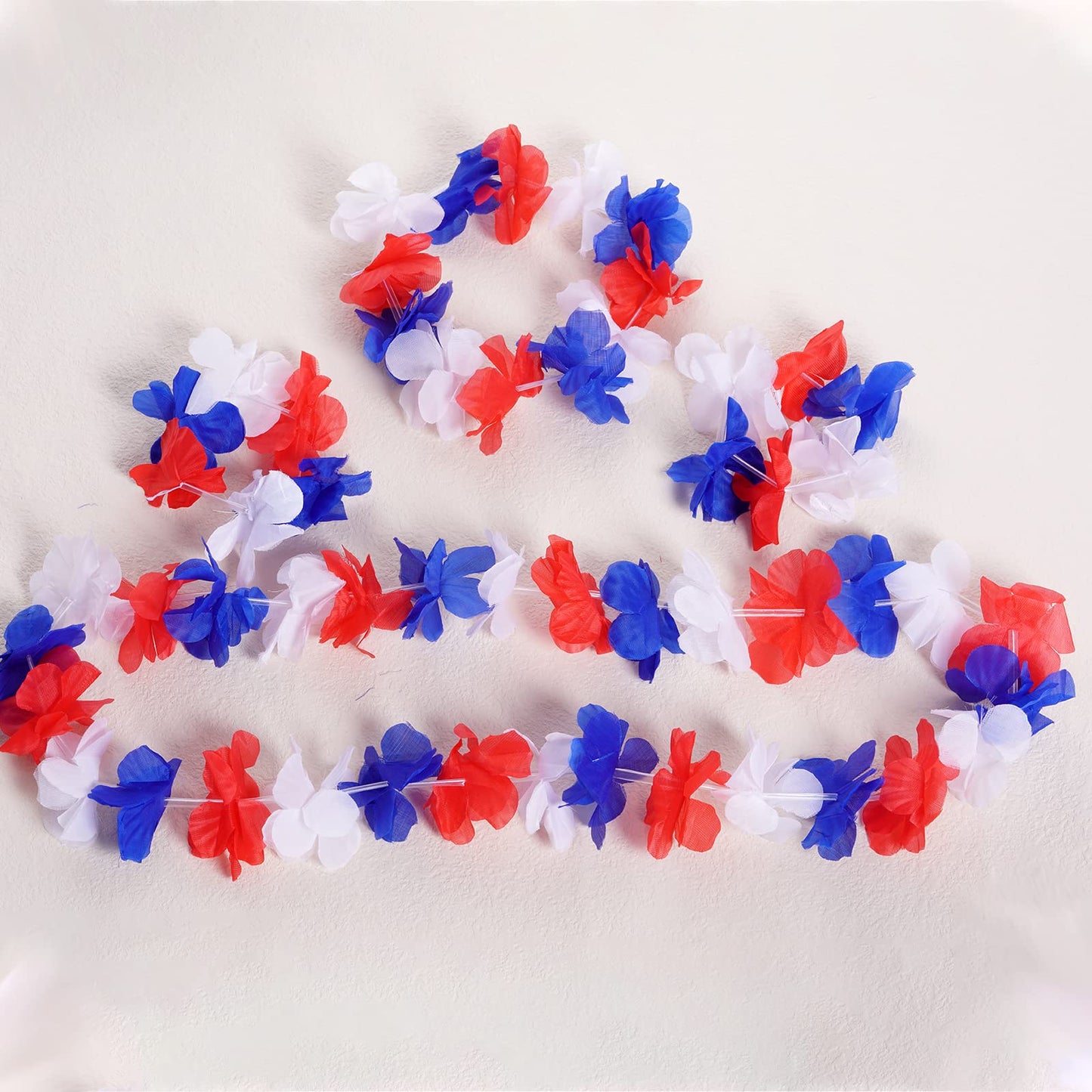 SUMERSHA 5 Set 20pcs Red White and Blue Flower Leis Patriotic 4th of July Decorations Hawaiian Luau Flower Necklace Headbands Wr