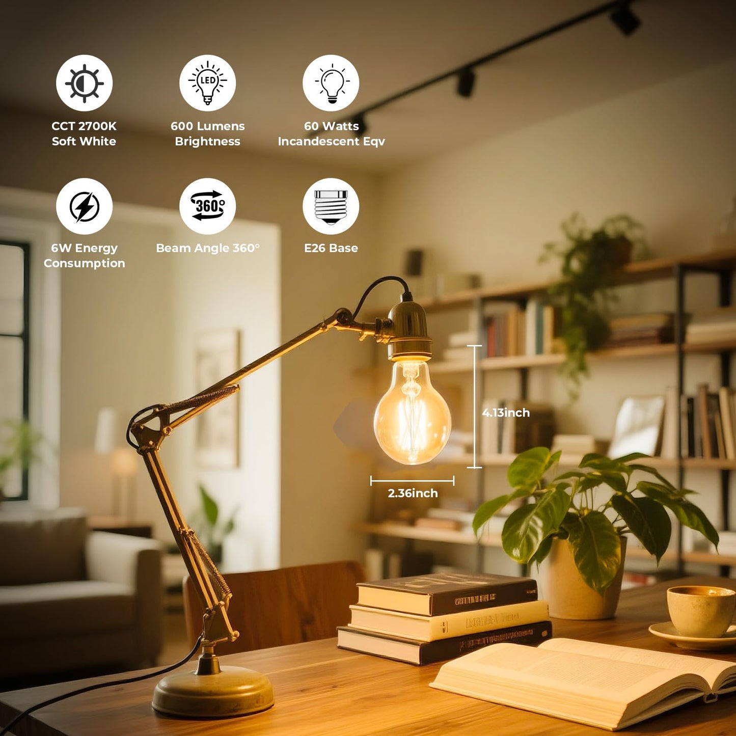 GvvooHome Dimmable E26 LED Bulb 6W, 60 watt Equivalent, Vintage LED Edison Bulbs 2700K Soft White, A19 Clear Glass LED Light Bulb for Ceiling Fan, 90+CRI, 600LM, 6 Pack
