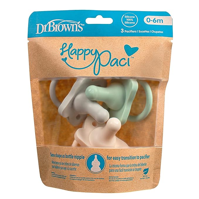 Dr. Brown's HappyPaci 100% Silicone, Newborn Baby Pacifiers 0-6 Months, BPA Free, White, Pink, Light Pink, Cool Gray, Green, and Ecru, 6 Pack
